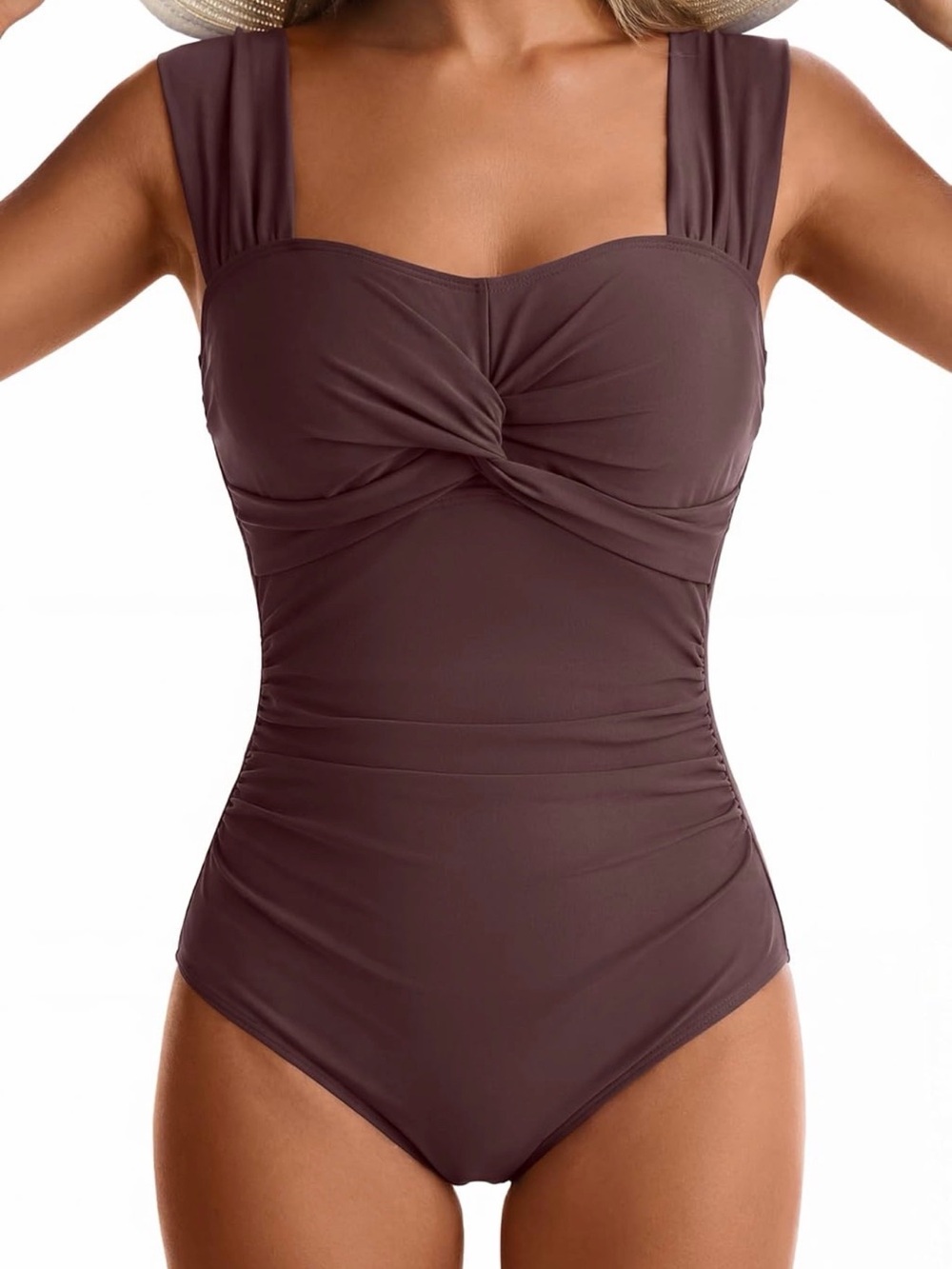 Twist-Front One-Piece Swimsuit in Deep Brown